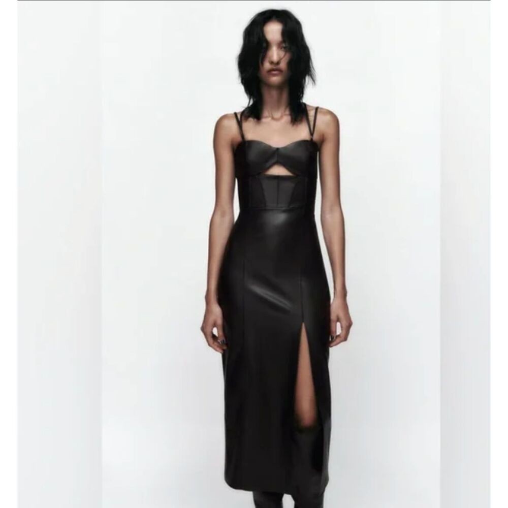 Zara Black Faux Leather Cutout Midi Dress with Side Slit | Size Small